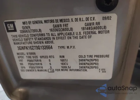 2003 Chevrolet Suburban 1500 Lt z USA, uszkodzony, nr VIN 3GNFK16Z73G132664